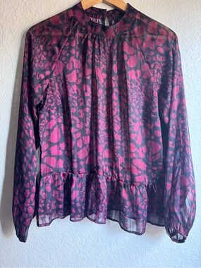 Love Story Magenta Black Animal Print Sheer Peplum Blouse Mock Neck Size L